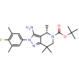 Chemical structure of (S)-tert-Butyl 3-amino-2-(4-fluoro-3,5-dimethylphenyl)-4,7,7-trimethyl-6,7-dihydro-2H-pyrazolo[4,3-c]pyridine-5(4H)-carboxylate , AChemBlock AD269888