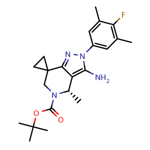 Chemical structure of (S)-tert-Butyl 3'-amino-2'-(4-fluoro-3,5-dimethylphenyl)-4'-methyl-4',6'-dihydrospiro[cyclopropane-1,7'-pyrazolo[4,3-c]pyridine]-5'(2'H)-carboxylate , AChemBlock AD269889