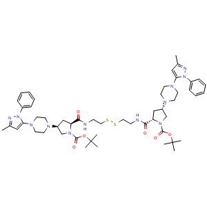 Chemical structure of (3S,3'S,5S,5'S)-di-tert-Butyl 5,5'-(((disulfanediylbis(ethane-2,1-diyl))bis(azanediyl))bis(carbonyl))bis(3-(4-(3-methyl-1-phenyl-1H-pyrazol-5-yl)piperazin-1-yl)pyrrolidine-1-carboxylate) , AChemBlock AD269890