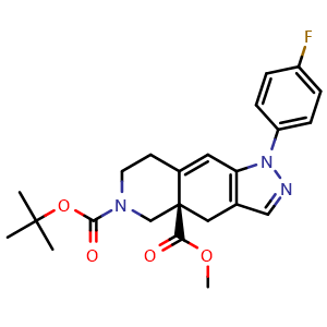 Chemical structure of 6-(1,1-Dimethylethyl) 4a-methyl (4aR)-1-(4-fluorophenyl)-7,8-dihydro-1H-pyrazolo[3,4-g]isoquinoline-4a,6(4H,5H)-dicarboxylate , CAS 864972-21-4, AChemBlock AD269894