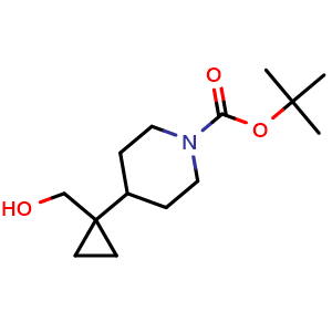 Chemical structure of tert-Butyl 4-(1-(hydroxymethyl)cyclopropyl)piperidine-1-carboxylate , CAS 2228371-23-9, AChemBlock AD269896
