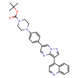 Chemical structure of tert-Butyl 4-(4-(3-(quinolin-4-yl)pyrazolo[1,5-a]pyrimidin-6-yl)phenyl)piperazine-1-carboxylate , CAS 1062368-27-7, AChemBlock AD269900