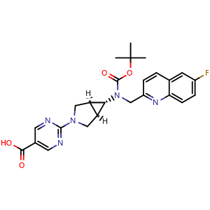 Chemical structure of 2-((1R,5S,6s)-6-((tert-Butoxycarbonyl)((6-fluoroquinolin-2-yl)methyl)amino)-3-azabicyclo[3.1.0]hexan-3-yl)pyrimidine-5-carboxylic acid , AChemBlock AD269903