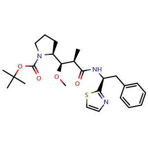 Chemical structure of 1-Pyrrolidinecarboxylic acid, 2-[(1R,2R)-1-methoxy-2-methyl-3-oxo-3-[[(1S)-2-phenyl-1-(2-thiazolyl)ethyl]amino]propyl]-, 1,1-dimethylethyl ester, (2S) , CAS 120205-54-1, AChemBlock AD269906