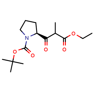 Chemical structure of tert-Butyl (2S)-2-(3-ethoxy-2-methyl-3-oxopropanoyl)pyrrolidine-1-carboxylate , CAS 351521-59-0, AChemBlock AD269907