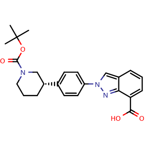Chemical structure of (S)-2-(4-(1-(tert-Butoxycarbonyl)piperidin-3-yl)phenyl)-2H-indazole-7-carboxylic acid , CAS 1038916-08-3, AChemBlock AD269908