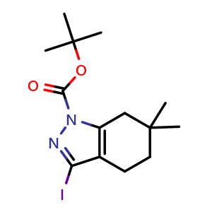 Chemical structure of tert-Butyl 3-iodo-6,6-dimethyl-4,5,6,7-tetrahydro-1H-indazole-1-carboxylate , CAS 1309788-51-9, AChemBlock AD269912