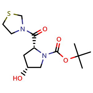Chemical structure of (2R,4R)-tert-Butyl 4-hydroxy-2-(thiazolidine-3-carbonyl)pyrrolidine-1-carboxylate , AChemBlock AD269942