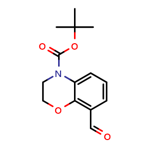 Chemical structure of tert-Butyl 8-formyl-2,3-dihydro-4H-benzo[b][1,4]oxazine-4-carboxylate , CAS 189293-44-5, AChemBlock AD269948