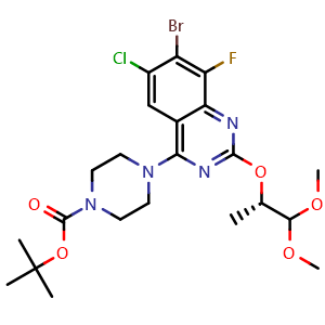 Chemical structure of (S)-tert-Butyl 4-(7-bromo-6-chloro-2-((1,1-dimethoxypropan-2-yl)oxy)-8-fluoroquinazolin-4-yl)piperazine-1-carboxylate , AChemBlock AD269956