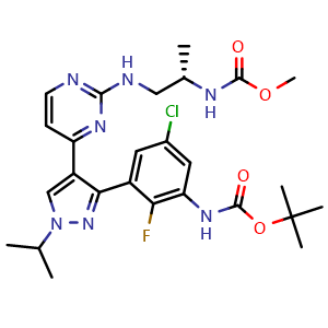 Chemical structure of Methyl (S)-(1-((4-(3-(3-((tert-Butoxycarbonyl)amino)-5-chloro-2-fluorophenyl)-1-isopropyl-1H-pyrazol-4-yl)pyrimidin-2-yl)amino)propan-2-yl)carbamate , CAS 1269440-77-8, AChemBlock AD269963