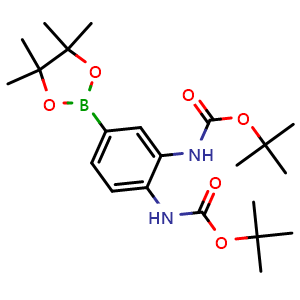 Chemical structure of [2-tert-Butoxycarbonylamino-4-(4,4,5,5-tetramethyl-[1,3,2]dioxaborolan-2-yl)-phenyl]-carbamic acid tert-butyl ester , CAS 1033625-15-8, AChemBlock AD269964