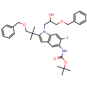 Chemical structure of tert-Butyl (1-(3-(benzyloxy)-2-hydroxypropyl)-2-(1-(benzyloxy)-2-methylpropan-2-yl)-6-fluoro-1H-indol-5-yl)carbamate , AChemBlock AD269968