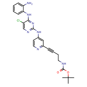 Chemical structure of tert-Butyl (4-(4-((4-((2-aminophenyl)amino)-5-chloropyrimidin-2-yl)amino)pyridin-2-yl)but-3-yn-1-yl)carbamate , CAS 2169266-61-7, AChemBlock AD269975
