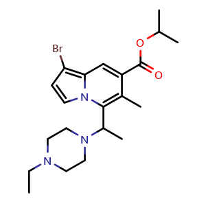 Chemical structure of Isopropyl 1-bromo-5-(1-(4-ethylpiperazin-1-yl)ethyl)-6-methylindolizine-7-carboxylate , AChemBlock AD269980