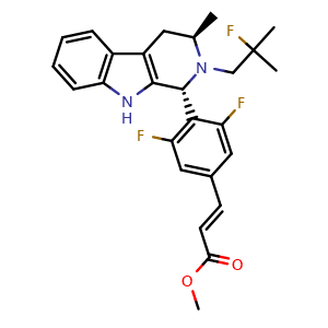 Chemical structure of Methyl (E)-3-[3,5-difluoro-4-[(1R,3R)-2-(2-fluoro-2-methylpropyl)-3-methyl-2,3,4,9-tetrahydro-1H-pyrido[3,4-b]indol-1-yl]phenyl]acrylate , CAS 1639042-35-5, AChemBlock AD269985