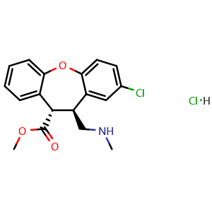 Chemical structure of (10S,11S)-methyl 2-chloro-11-((methylamino)methyl)-10,11-dihydrodibenzo[b,f]oxepine-10-carboxylate hydrochloride , AChemBlock AD269992