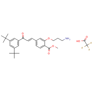 Chemical structure of Methyl (E)-2-(3-aminopropoxy)-4-(3-(3,5-di-tert-butylphenyl)-3-oxoprop-1-en-1-yl)benzoate 2,2,2-trifluoroacetate , AChemBlock AD269997