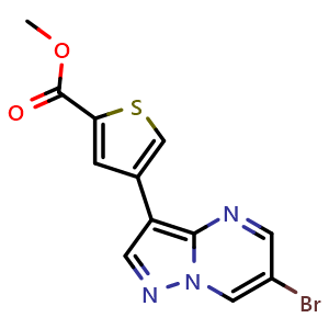 Chemical structure of Methyl 4-(6-bromopyrazolo[1,5-a]pyrimidin-3-yl)thiophene-2-carboxylate , CAS 1990492-94-8, AChemBlock AD270015