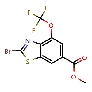 Chemical structure of Methyl 2-bromo-4-(trifluoromethoxy)-6-benzothiazolecarboxylate , CAS 2191433-04-0, AChemBlock AD270020