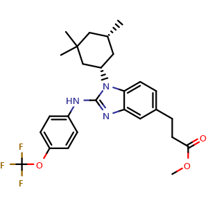 Chemical structure of Methyl 3-(2-((4-(trifluoromethoxy)phenyl)amino)-1-((1S,5S)-3,3,5-trimethylcyclohexyl)-1H-benzo[d]imidazol-5-yl)propanoate , CAS 1803274-46-5, AChemBlock AD270037