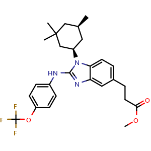 Chemical structure of rel-Methyl 3-(2-((4-(trifluoromethoxy)phenyl)amino)-1-((1R,5R)-3,3,5-trimethylcyclohexyl)-1H-benzo[d]imidazol-5-yl)propanoate , CAS 1803274-45-4, AChemBlock AD270038