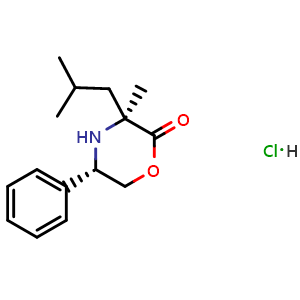 Chemical structure of (3S,5S)-3-Isobutyl-3-methyl-5-phenylmorpholin-2-one hydrochloride , AChemBlock AD270042
