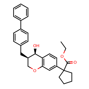 Chemical structure of Cis-ethyl 1-((3R,4R)-3-([1,1'-biphenyl]-4-ylmethyl)-4-hydroxychroman-7-yl)cyclopentanecarboxylate , CAS 179239-32-8, AChemBlock AD270053