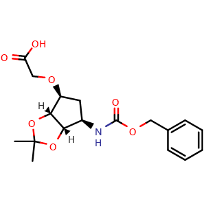 Chemical structure of 2-(((3aR,4S,6R,6aS)-6-(((Benzyloxy)carbonyl)amino)-2,2-dimethyltetrahydro-3aH-cyclopenta[d][1,3]dioxol-4-yl)oxy)acetic acid , AChemBlock AD270086