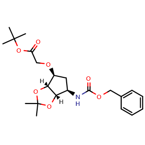 Chemical structure of tert-Butyl 2-(((3aR,4S,6R,6aS)-6-(((benzyloxy)carbonyl)amino)-2,2-dimethyltetrahydro-3aH-cyclopenta[d][1,3]dioxol-4-yl)oxy)acetate , AChemBlock AD270087