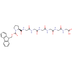 Chemical structure of (S)-1-(1-(((9H-Fluoren-9-yl)methoxy)carbonyl)pyrrolidin-2-yl)-1,4,7,10,13,16-hexaoxo-2,5,8,11,14,17-hexaazanonadecan-19-oic acid , AChemBlock AD270092