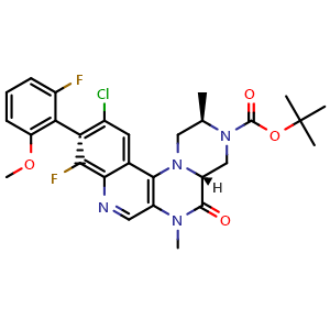 Chemical structure of (2R,4aR)-tert-Butyl 11-chloro-9-fluoro-10-((R)-2-fluoro-6-methoxyphenyl)-2,6-dimethyl-5-oxo-4,4a,5,6-tetrahydro-1H-pyrazino[1',2':4,5]pyrazino[2,3-c]quinoline-3(2H)-carboxylate , AChemBlock AD270105
