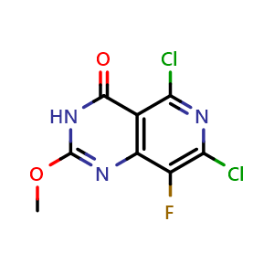 Chemical structure of 5,7-Dichloro-8-fluoro-2-methoxypyrido[4,3-d]pyrimidin-4(3H)-one , CAS 3075751-32-2, AChemBlock AD270113