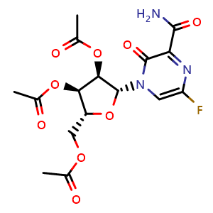 Chemical structure of (2R,3R,4R,5R)-2-(Acetoxymethyl)-5-(3-carbamoyl-5-fluoro-2-oxopyrazin-1(2H)-yl)tetrahydrofuran-3,4-diyl diacetate , CAS 499785-96-5, AChemBlock AD270116