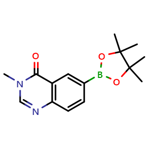 Chemical structure of 3-Methyl-6-(4,4,5,5-tetramethyl-1,3,2-dioxaborolan-2-yl)quinazolin-4(3H)-one , CAS 1209485-71-1, AChemBlock AD270119