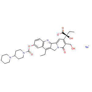 Chemical structure of sodium (S)-2-(2-(([1,4'-bipiperidine]-1'-carbonyl)oxy)-12-ethyl-8-(hydroxymethyl)-9-oxo-9,11-dihydroindolizino[1,2-b]quinolin-7-yl)-2-hydroxybutanoate , CAS 1329502-92-2, AChemBlock AD270121