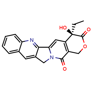 Chemical structure of (R)-4-Ethyl-4-hydroxy-1H-pyrano[3',4':6,7]indolizino[1,2-b]quinoline-3,14(4H,12H)-dione , CAS 110351-92-3, AChemBlock AD270122