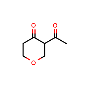 Chemical structure of 3-Acetyltetrahydro-4H-pyran-4-one , CAS 1229618-83-0, AChemBlock AD270123