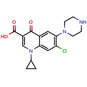 Chemical structure of 7-chloro-1-cyclopropyl-4-oxo-6-(piperazin-1-yl)-1,4-dihydroquinoline-3-carboxylic acid , CAS 133210-96-5, AChemBlock AD270133