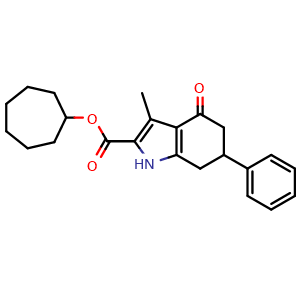 Chemical structure of Cycloheptyl 3-methyl-4-oxo-6-phenyl-4,5,6,7-tetrahydro-1H-indole-2-carboxylate , CAS 717827-72-0, AChemBlock AD270137