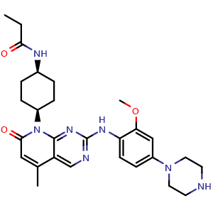 Chemical structure of N-((cis-)-4-(2-((2-Methoxy-4-(piperazin-1-yl)phenyl)amino)-5-methyl-7-oxopyrido[2,3-d]pyrimidin-8(7H)-yl)cyclohexyl)propionamide , CAS 2953426-82-7, AChemBlock AD270153