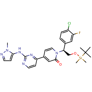 Chemical structure of (S)-1-(2-((tert-Butyldimethylsilyl)oxy)-1-(4-chloro-3-fluorophenyl)ethyl)-4-(2-((1-methyl-1H-pyrazol-5-yl)amino)pyrimidin-4-yl)pyridin-2(1H)-one , CAS 1453854-96-0, AChemBlock AD270154