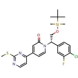 Chemical structure of (S)-1-(2-((tert-Butyldimethylsilyl)oxy)-1-(4-chloro-3-fluorophenyl)ethyl)-4-(2-(methylthio)pyrimidin-4-yl)pyridin-2(1H)-one , CAS 1453851-79-0, AChemBlock AD270155