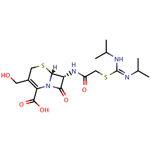 Chemical structure of (6R,7R)-7-(2-(((E)-N,N'-Diisopropylcarbamimidoyl)thio)acetamido)-3-(hydroxymethyl)-8-oxo-5-thia-1-azabicyclo[4.2.0]oct-2-ene-2-carboxylic acid , CAS 958001-61-1, AChemBlock AD270156