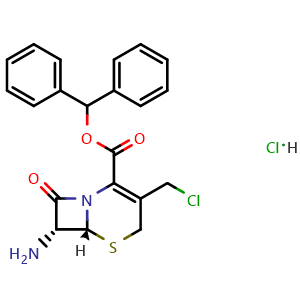 Chemical structure of (6R,7R)-Benzhydryl 7-amino-3-(chloromethyl)-8-oxo-5-thia-1-azabicyclo[4.2.0]oct-2-ene-2-carboxylate hydrochloride , CAS 79349-53-4, AChemBlock AD270157