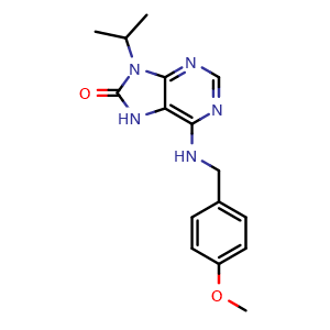Chemical structure of 7,9-Dihydro-6-[[(4-methoxyphenyl)methyl]amino]-9-(1-methylethyl)-8H-purin-8-one , CAS 2779501-75-4, AChemBlock AD270158