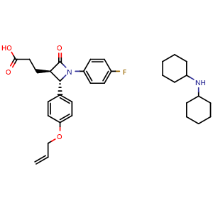 Chemical structure of 3-((2S,3R)-2-(4-(Allyloxy)phenyl)-1-(4-fluorophenyl)-4-oxoazetidin-3-yl)propanoic acid compound with dicyclohexylamine , CAS 1202579-24-5, AChemBlock AD270164