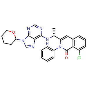 Chemical structure of 8-Chloro-2-phenyl-3-((1R)-1-((9-(tetrahydro-2H-pyran-2-yl)-9H-purin-6-yl)amino)ethyl)isoquinolin-1(2H)-one , AChemBlock AD270171