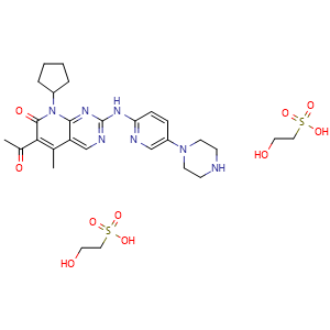 Chemical structure of 6-Acetyl-8-cyclopentyl-5-methyl-2-((5-(piperazin-1-yl)pyridin-2-yl)amino)pyrido[2,3-d]pyrimidin-7(8H)-one bis(2-hydroxyethanesulfonate) , AChemBlock AD270175
