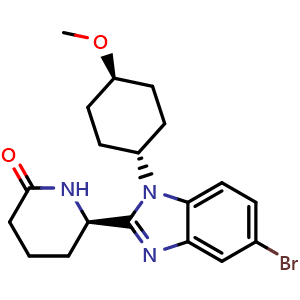 Chemical structure of (R)-6-(5-Bromo-1-((1r,4R)-4-methoxycyclohexyl)-1H-benzo[d]imidazol-2-yl)piperidin-2-one , AChemBlock AD270189